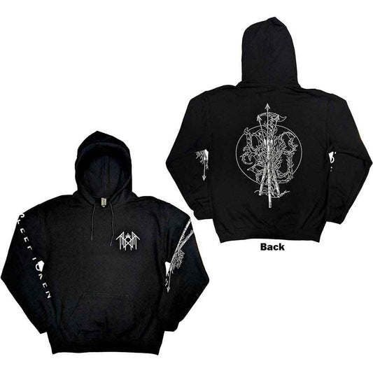 Black Sleep Token hoodie with large back and sleeve prints, size large.