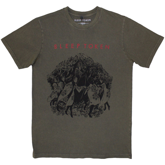 Green, stone-wash t-shirt with "Sleep Token" and design, size X-Large.