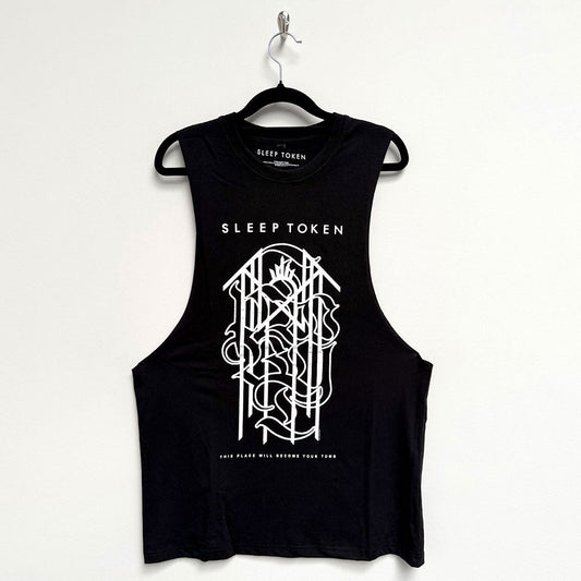 Black unisex vest t-shirt with Sleep Token’s Tomb Sigil design, size small.