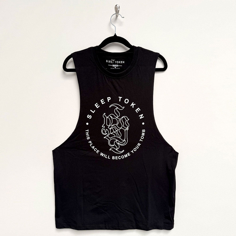 Black unisex vest t-shirt with Sleep Token’s “Tomb” ring text design.