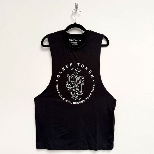 Black unisex vest t-shirt with Sleep Token’s “Tomb” ring text design.