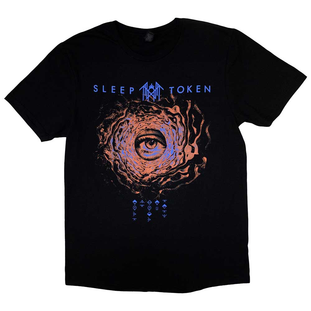 Black t-shirt with Sleep Token’s Vortex eye symbol graphic, small size.
