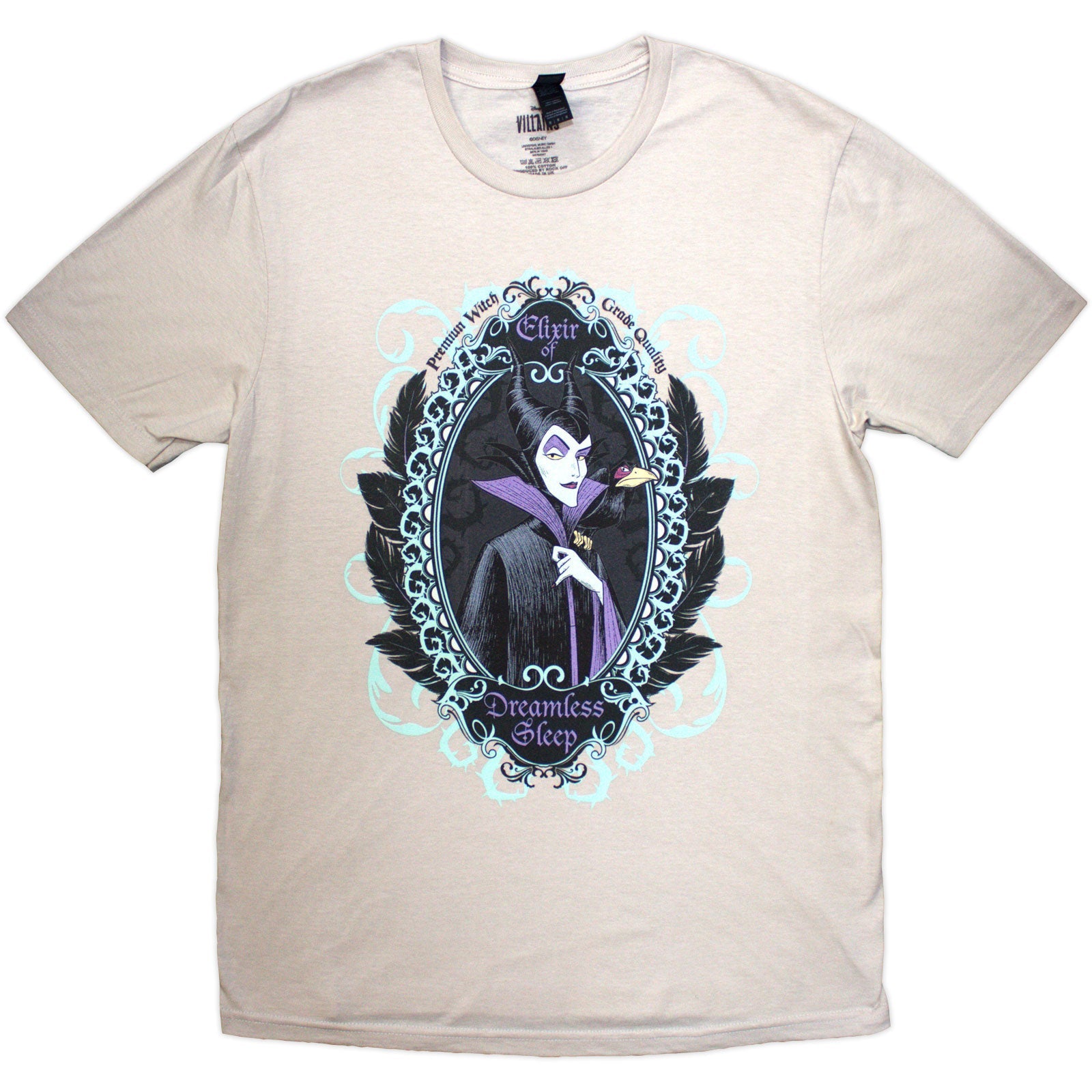 Sand-colored t-shirt with Maleficent and “Dreamless Sleep” design, size medium.