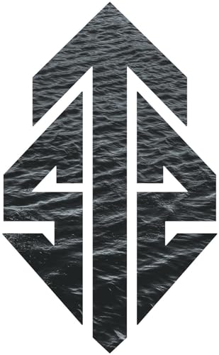 Diamond shape filled with textured dark water, white lines forming arrows.