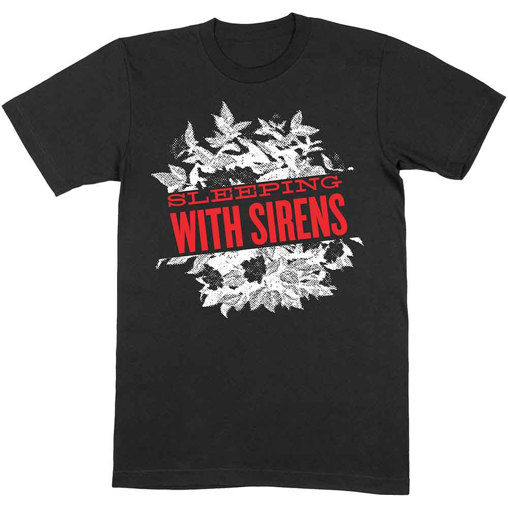 A man wearing a black t-shirt with a floral design and Sleeping With Sirens text.
