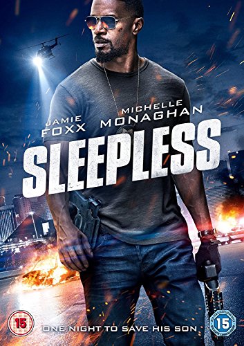DVD cover for “Sleepless” featuring Jamie Foxx holding a gun, city background.