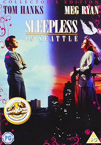 DVD cover for "Sleepless in Seattle" with Tom Hanks and Meg Ryan against a city skyline.
