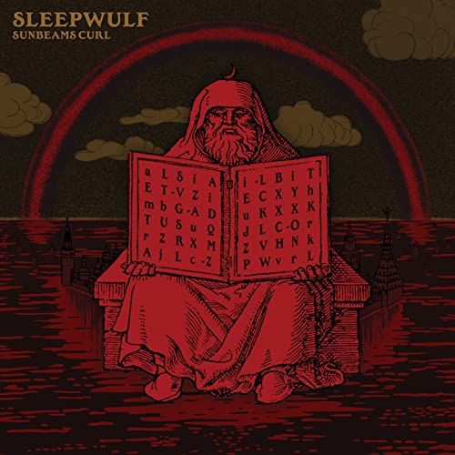 Red illustration of a hooded figure reading a book over a cityscape.