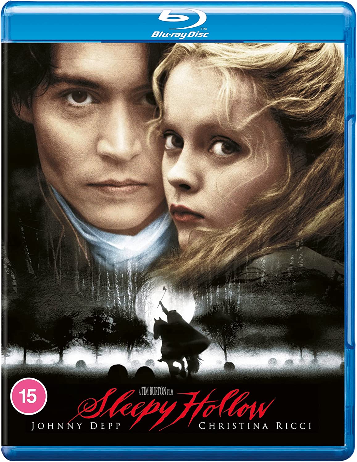 "Blu-ray case with a man and woman's faces and a horseman in the background."