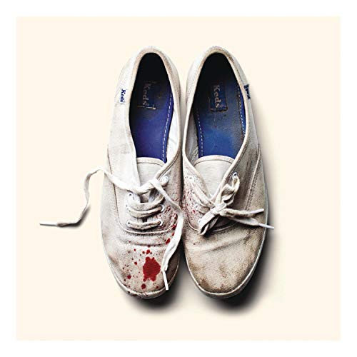Dirty white canvas sneakers with red stains, album cover art.