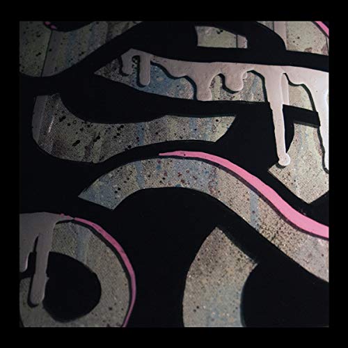 Close-up of abstract black and gray graffiti-style album artwork.