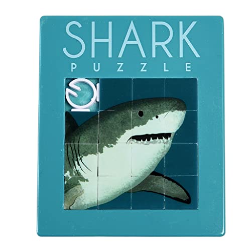 Slide puzzle featuring a great white shark image in a teal frame.