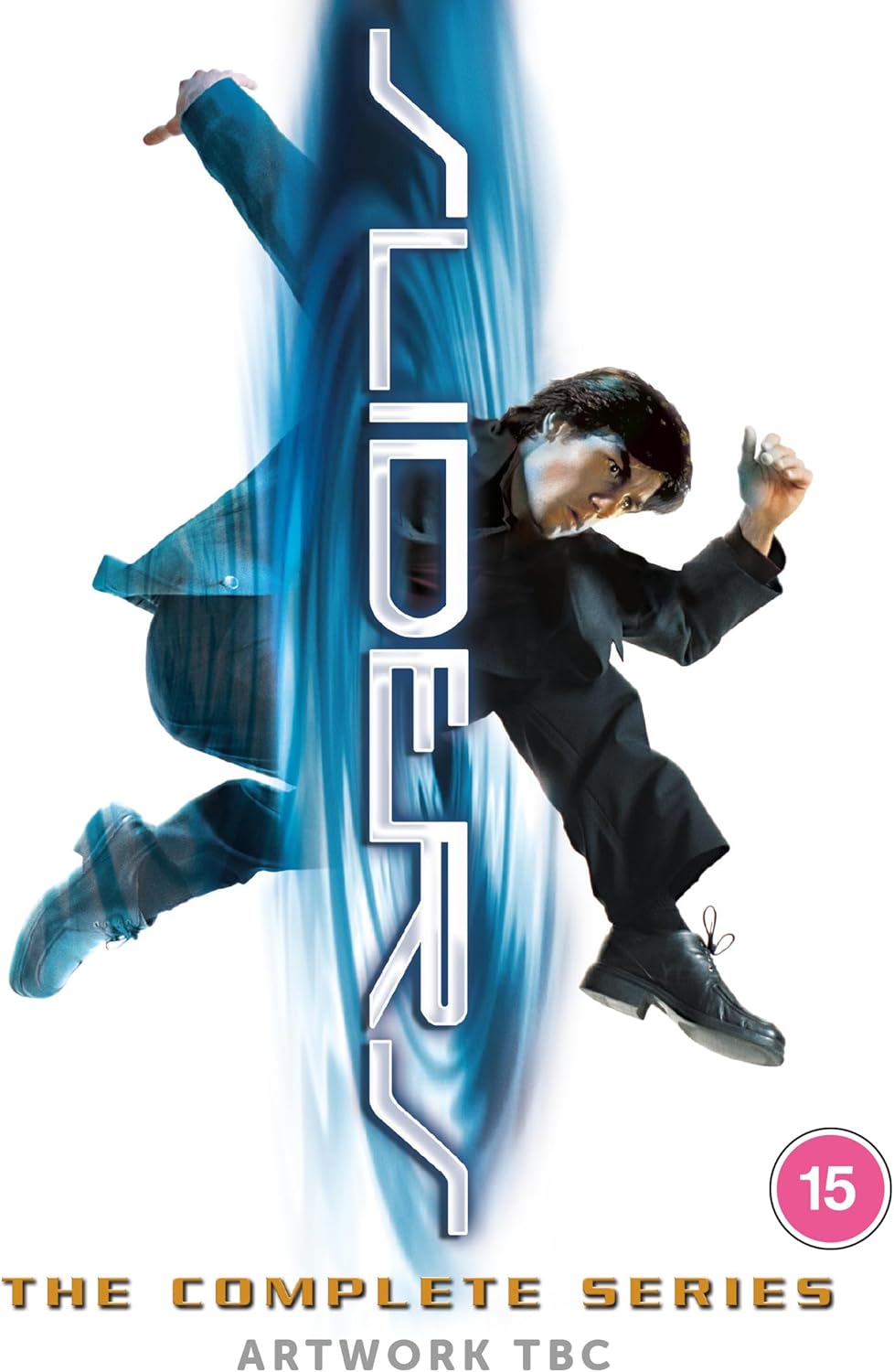 Sliders" DVD cover featuring a man sliding diagonally across a blue vortex.