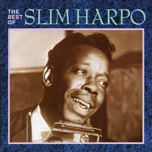 Album cover with Slim Harpo holding a harmonica, blue background, sepia-toned photo.