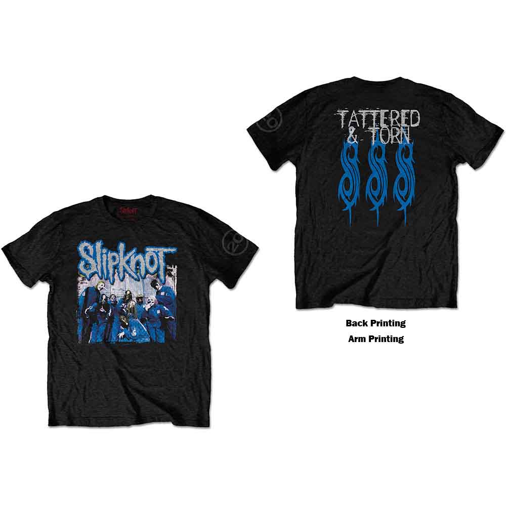 Black t-shirt featuring a blue Slipknot logo and a band photo graphic.
