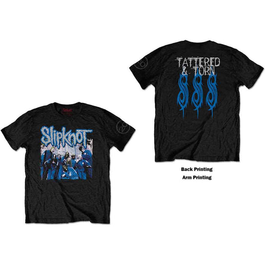 Black t-shirt featuring a blue Slipknot logo and a band photo graphic.