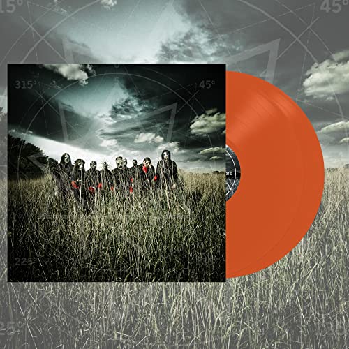 Slipknot album cover with orange vinyl record, stormy sky background.