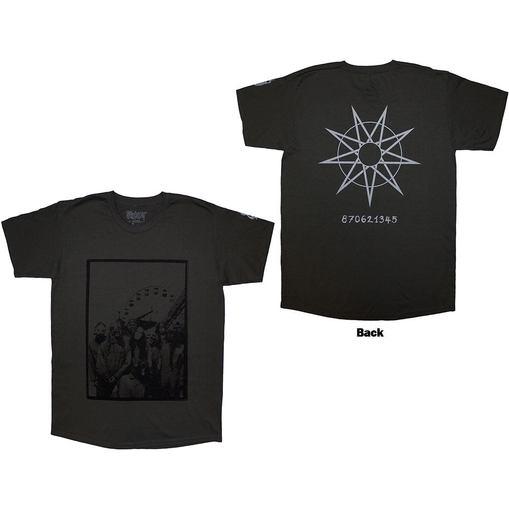 Charcoal grey t-shirt featuring a black and white Slipknot band photo at an amusement park.