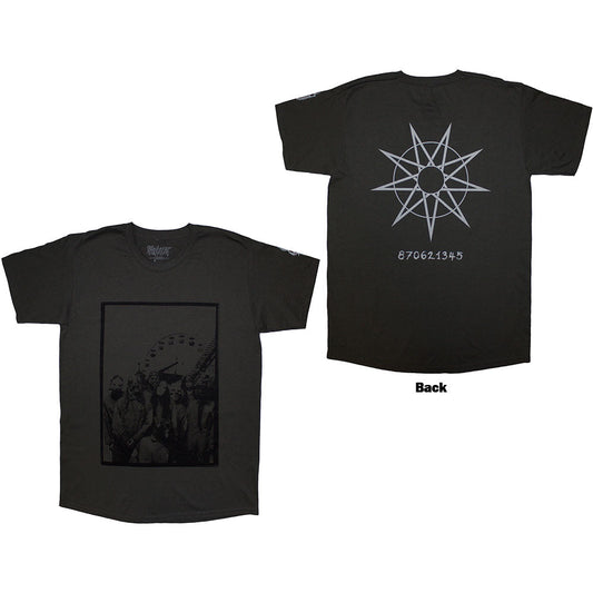 Charcoal grey t-shirt featuring a black and white Slipknot band photo at an amusement park.