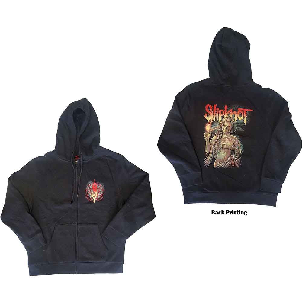 Front and back views of a black zip-up hoodie with Slipknot graphic prints.