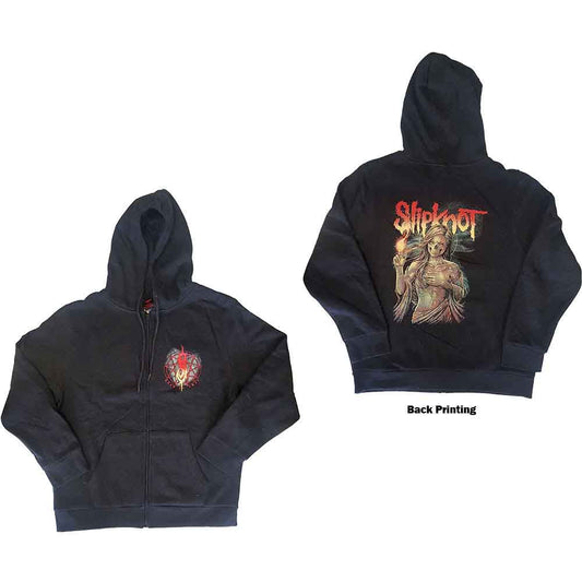Front and back views of a black zip-up hoodie with Slipknot graphic prints.