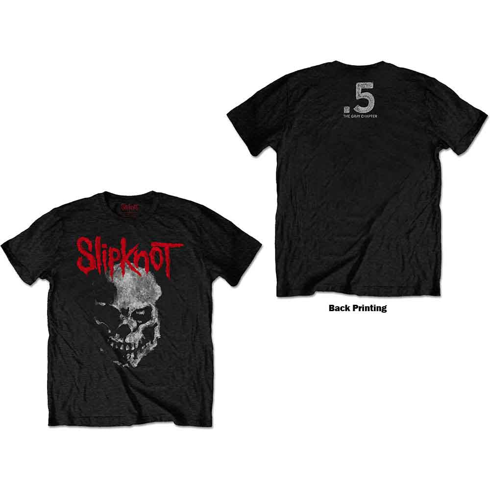 Black Slipknot t-shirt with distressed skull and band logo graphic.