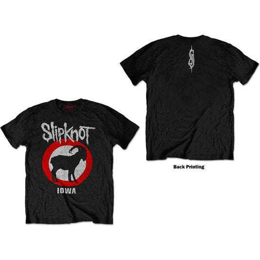 Black Slipknot t-shirt with goat logo and “Iowa” text.