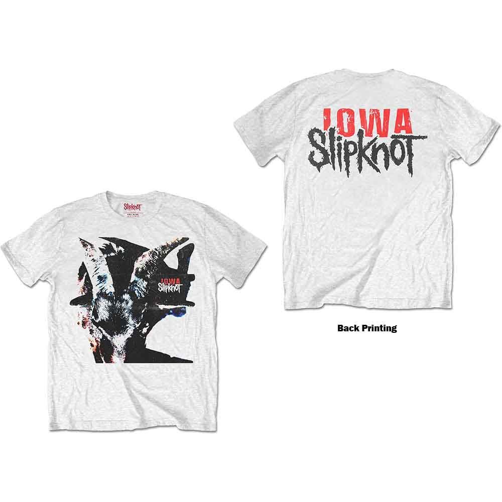 White t-shirt featuring a dark goat head graphic and Slipknot Iowa logo.