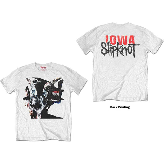 White t-shirt featuring a dark goat head graphic and Slipknot Iowa logo.