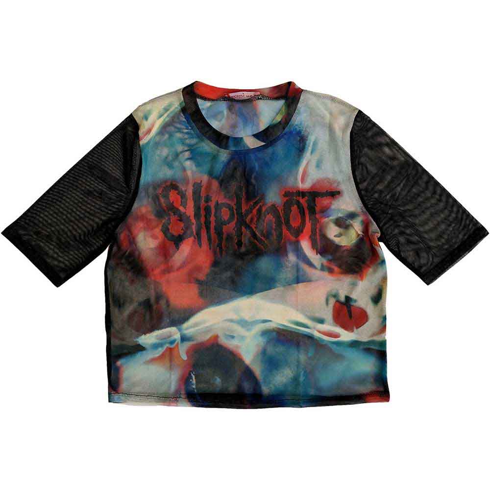 Black mesh crop top with Slipknot band logo and face graphic, size X-Large.