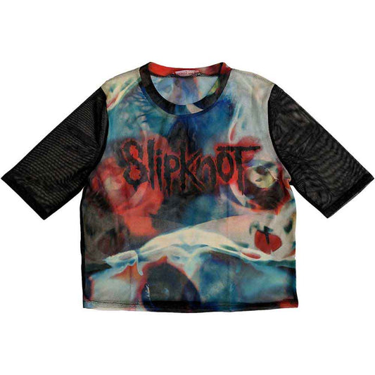 Black mesh crop top with Slipknot band logo and face graphic, size X-Large.