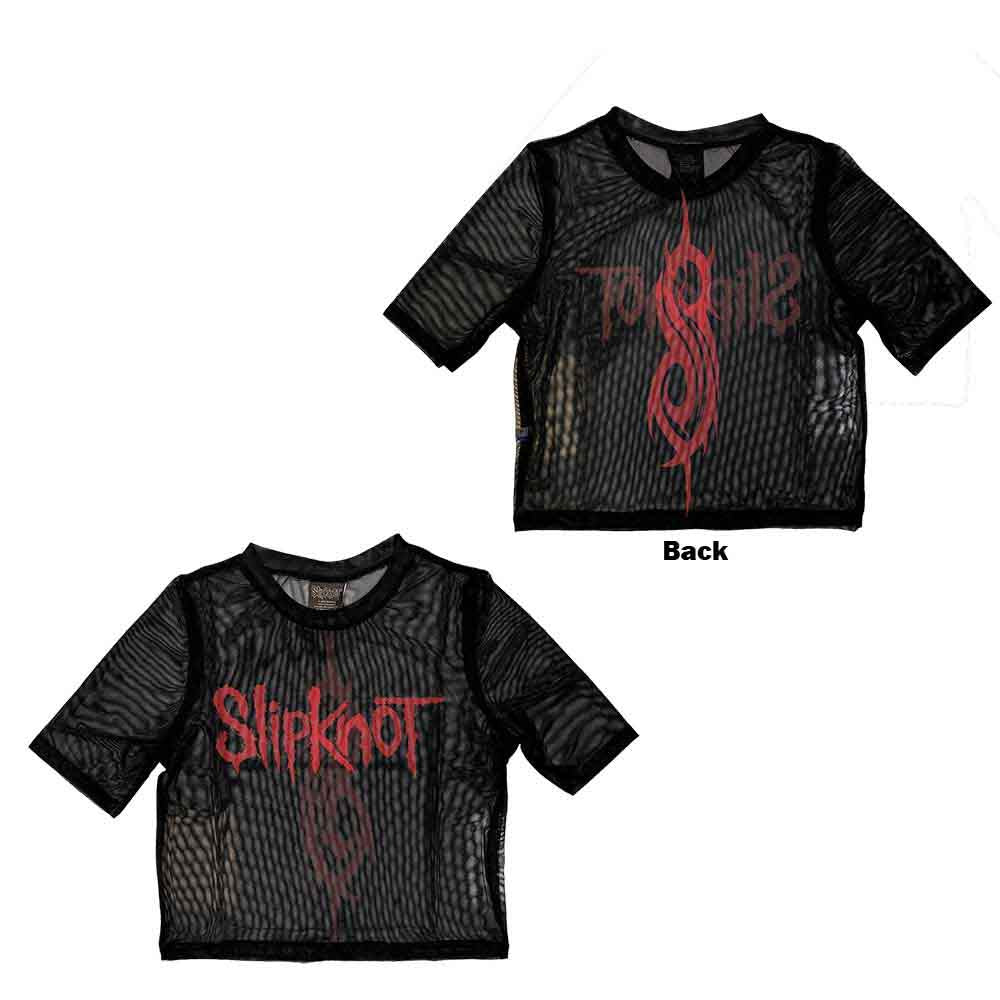 Black ladies crop top featuring a Slipknot logo, back print, and mesh detailing.