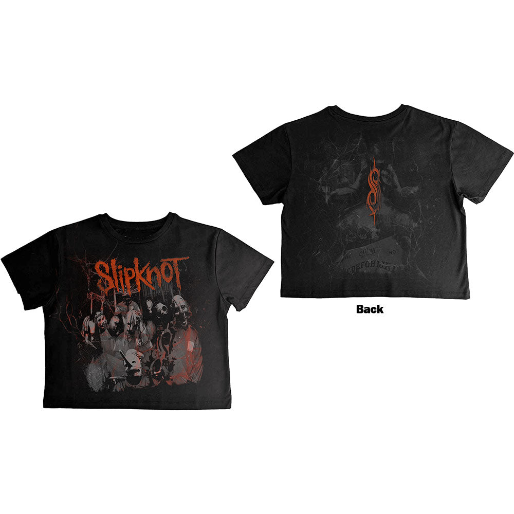Black crop top with Slipknot’s Ouija board design printed on the back.