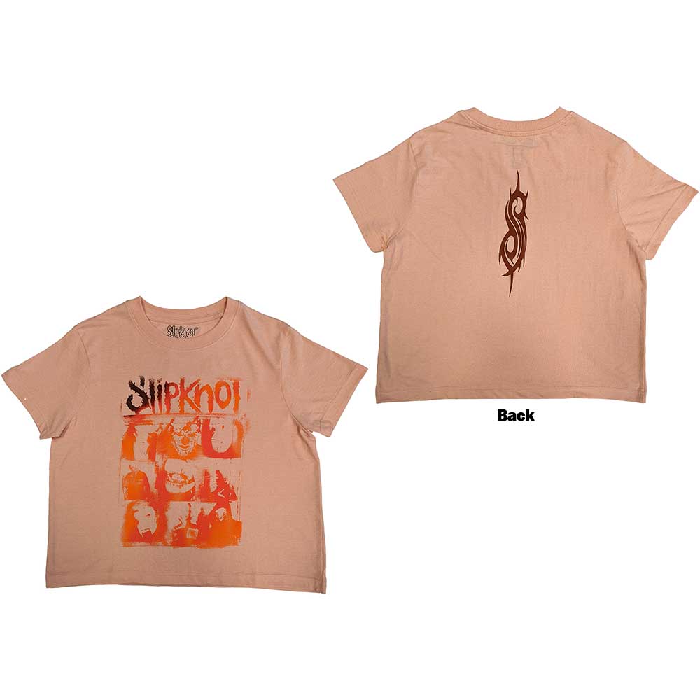 Peach crop top with Slipknot band logo and faces grid print.