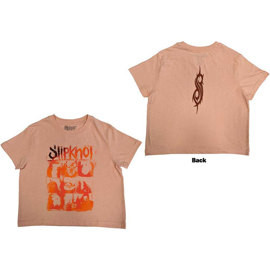 Peach crop top with Slipknot band logo and faces grid print.