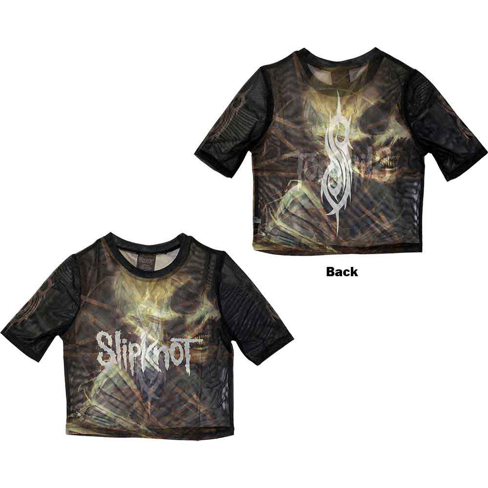 Slipknot ladies’ black crop top with back print and mesh panels, XX-Small.