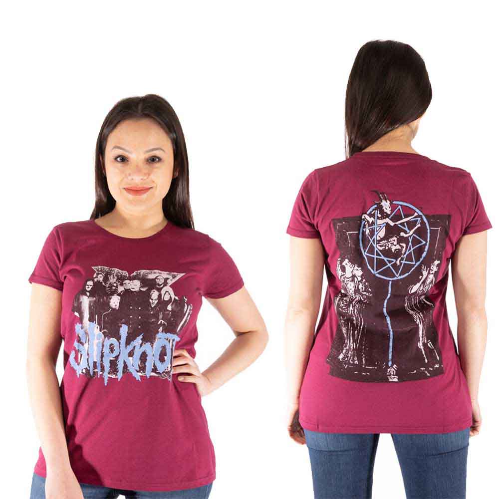 Black women's t-shirt with large Slipknot goat demon logo printed on back.