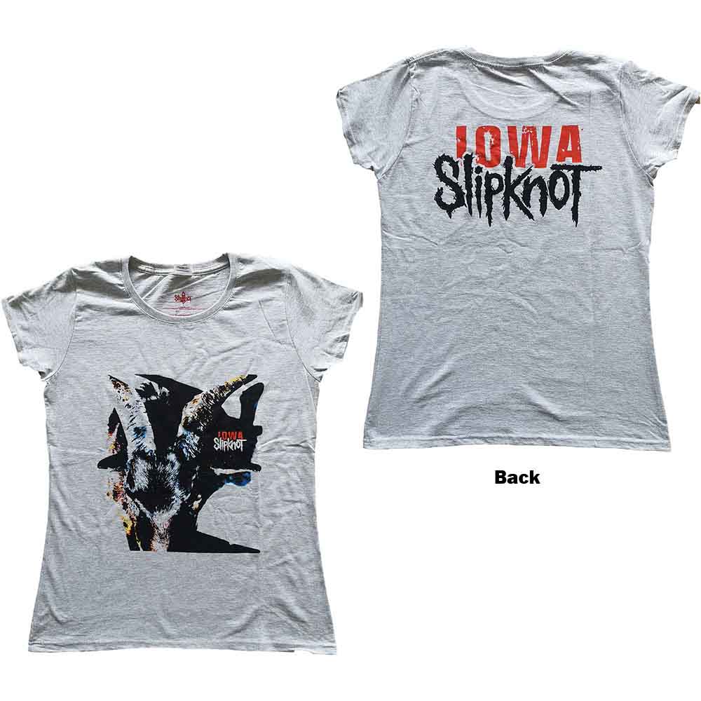 Gray women’s Slipknot t-shirt with goat and band logo prints.