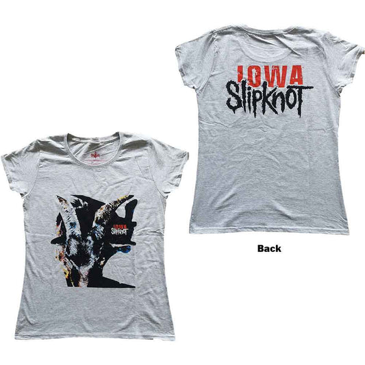 Gray women’s Slipknot t-shirt with goat and band logo prints.
