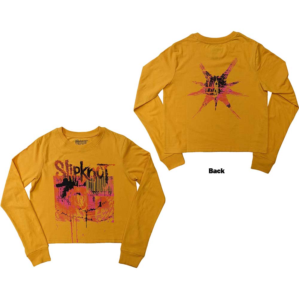 Long sleeve black crop top with Slipknot's "The End So Far" barcode on back.