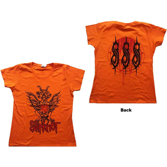 Black ladies' t-shirt with large winged devil design printed on the back.