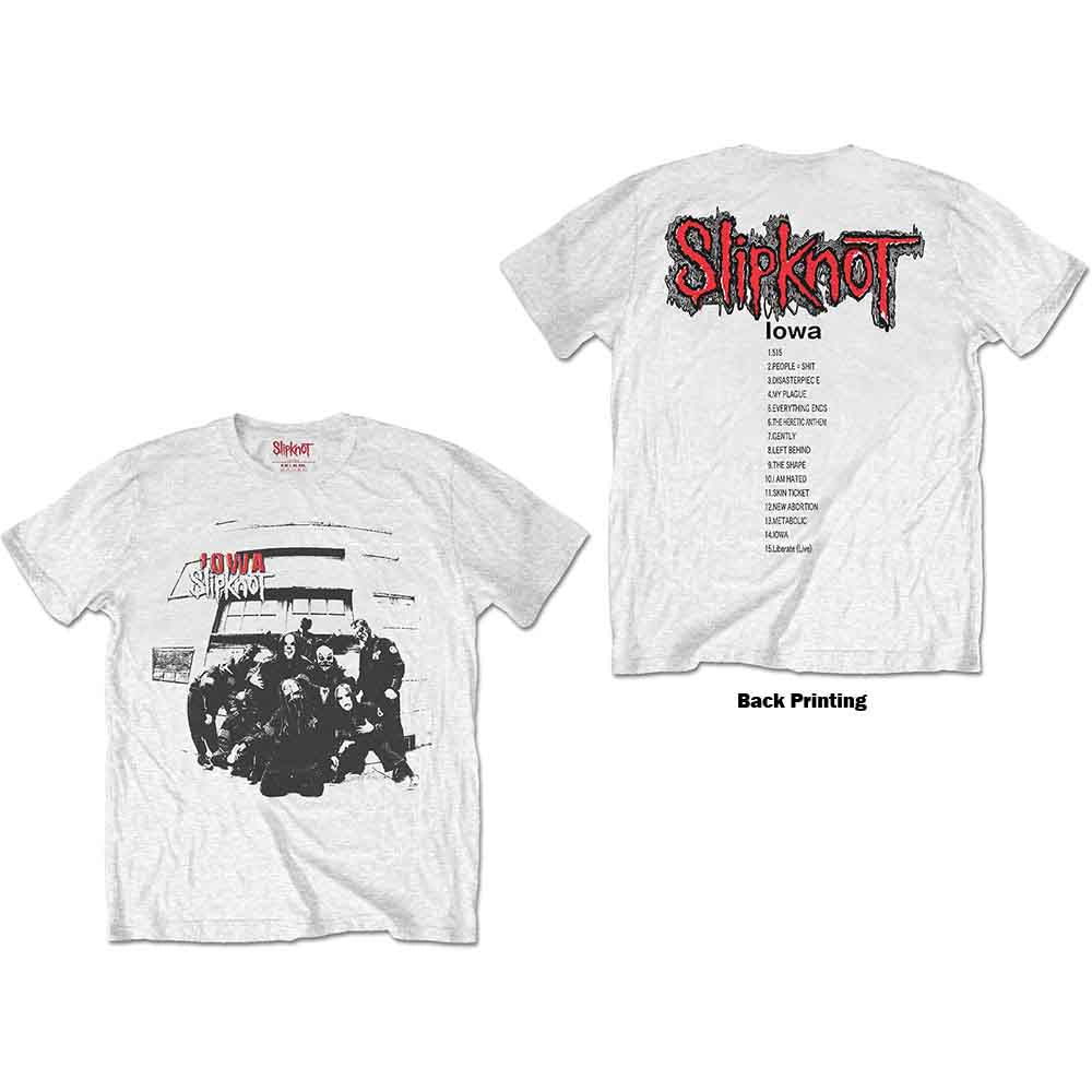 White t-shirt with black Slipknot "Iowa" album tracklist graphic.