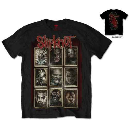 A man wearing a black t-shirt featuring the Slipknot logo and nine band masks.