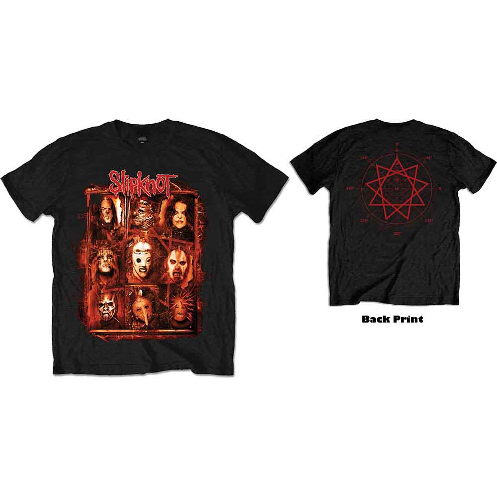 Black t-shirt with a collage of masked Slipknot band members.