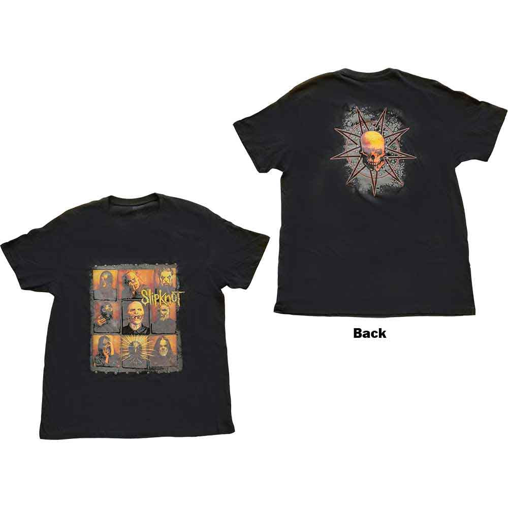 Black Slipknot t-shirt with collage of band members’ faces.
