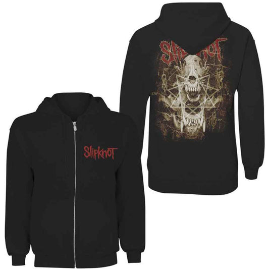 Black Slipknot hoodie with red logo, worn by a person.