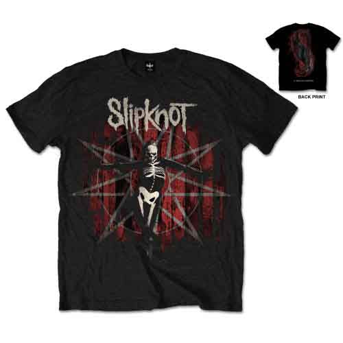 Black Slipknot t-shirt with skeletal graphic worn by a man.