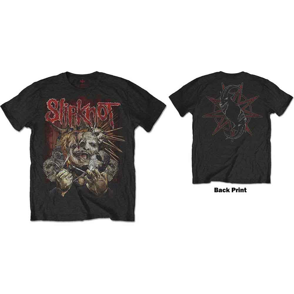 Black Slipknot t-shirt with distressed band logo and face graphic.