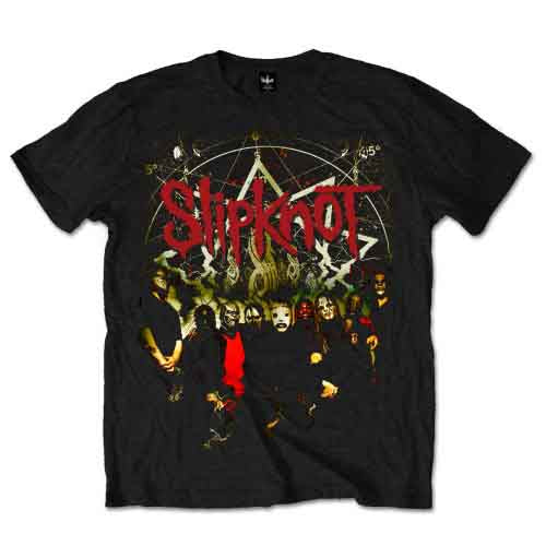 A man wearing a black Slipknot t-shirt with a band graphic and geometric design.
