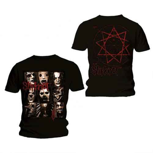 Black t-shirt with Slipknot band members’ faces and red geometric designs.